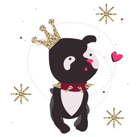 Dog wearing fashion crown, snowflakes, stars.Hand drawn vector illustration .Ready for t-shirt design or party birthday invitation, wrap paper.のイラスト素材