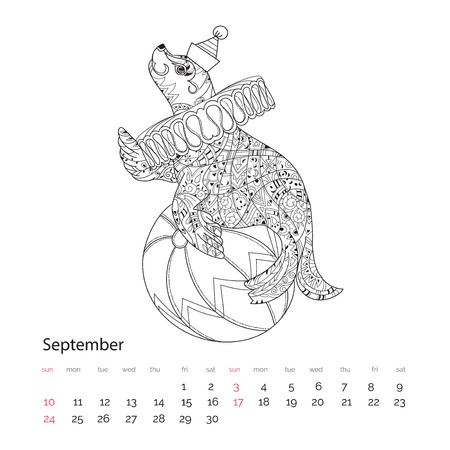 Hand drawn doodle outline sea lion decorated with ornaments.Vector illustration.Floral ornament.Sketch for tattoo or coloring pages.Boho style.September calendar page 2017のイラスト素材