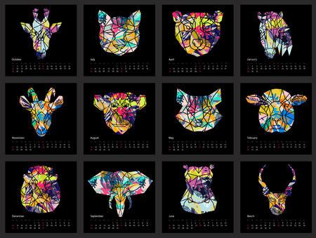 Calendar 2017 year simple style template with animal head low-poly in tropical flowers pattern colors . Week starts from sunday.American style .のイラスト素材