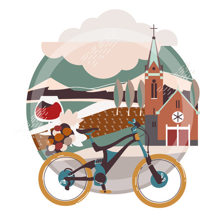 Flat illustration of downhill bicycle in europe town, France,Germany.のイラスト素材