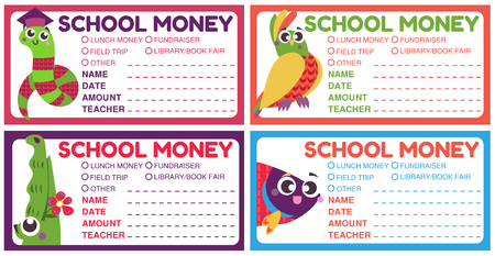 Personalized school money patches with teacher notes.Funny exotic animals and bird.のイラスト素材