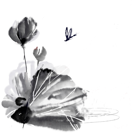 Lotus and the dragonfly ink brush paintingの写真素材