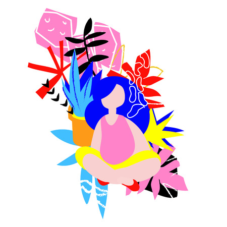 Abstract floral elements paper collage.Vector illustration hand drawn.Women yoga for contemporary scandinavian flat design- poster, invitation, post card, t-shirt design.のイラスト素材