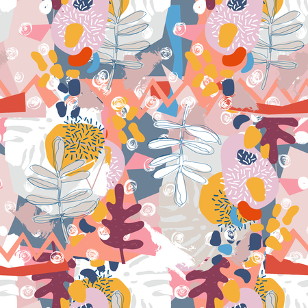Abstract floral elements paper collage.Illustration hand drawn.Sketch ready for contemporary scandinavian flat design- poster, invitation, post card, t-shirt design.Seamless pattern.の写真素材