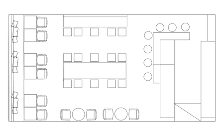 Standard furniture symbols used in architecture plans icons set, icon set, graphic design elements. Small cafe, restaurant, beer pub - top view plans. Vector isolated.のイラスト素材