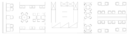 Standard furniture symbols used in architecture plans icons set, icon set, graphic design elements. Small cafe, restaurant, beer pub - top view plans. Vector isolated.のイラスト素材