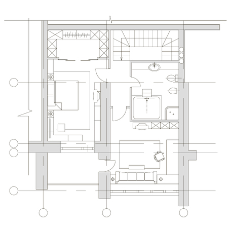 Standard furniture symbols used in architecture plans icons set, planning icon set, graphic design elements. Small house, flat - top view plans. Vector isolated.のイラスト素材