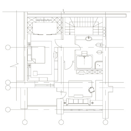 Standard furniture symbols used in architecture plans icons set, planning icon set, graphic design elements. Small house, flat - top view plans. Vector isolated.のイラスト素材