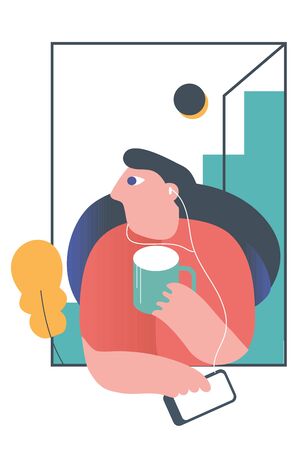 Beautiful long hair woman listening to musicのイラスト素材