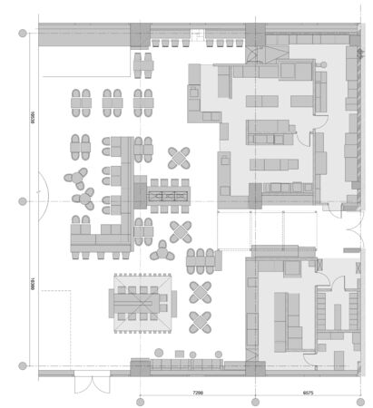 Standard furniture symbols used in architecture plans icons set, office planning icon set, graphic design elements. Small cafe, restaurant, beer pub - top view plans. Vector isolated.のイラスト素材