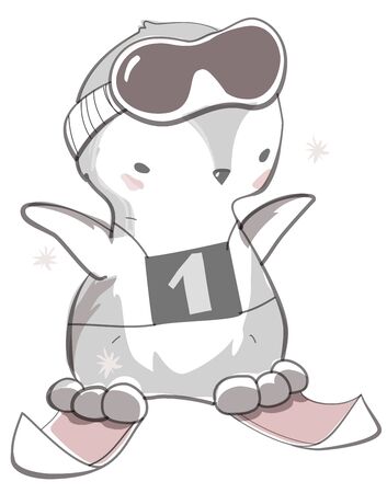 Cute pink baby penguin cartoon on skisのイラスト素材