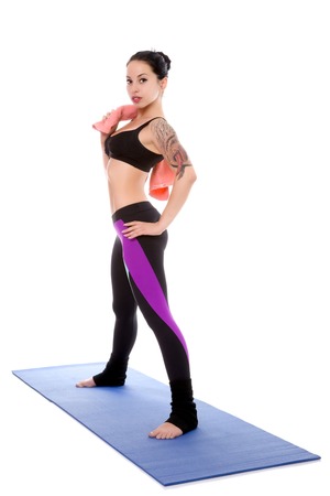 Girl with towel before Fitness Exerciseの写真素材