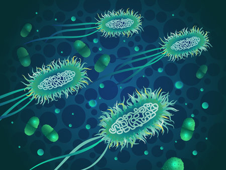 Escherichia coli virus O157H7 and enterococcus on blue background. Vector illustration