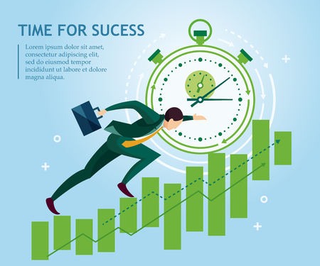 Time for success. Businessman climbs the price chart ledder on the background of the stopwatch. Business concept collection. Vector illustrationのイラスト素材