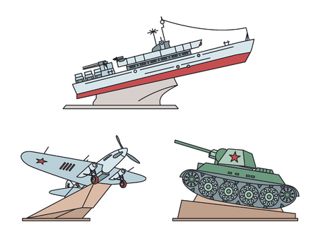 Great Patriotic War Monuments. Torpedo boat GP-123, Airplane il-2, Tank T-34. Vector illustrationのイラスト素材