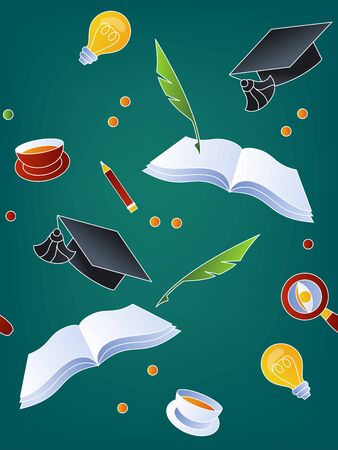 School seamless pattern on green background. Items and symbols related to school theme: idea, lamp, pencil, cup, pen, graduate cap, magnifier glass. Back to school vector illustration.のイラスト素材