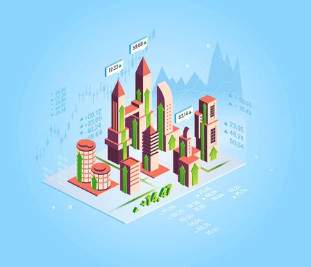 Real estate growth concept. Isometrict business city, buildings, real estate market growth skyscraper bars charts quotes. Vector isometric illustrationのイラスト素材