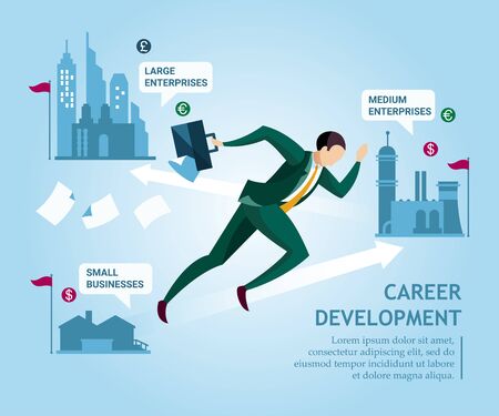 Career Development. Businessman moving up the career ladder from small to large against the background of different enterprises. Business concept collection. Vector illustrationのイラスト素材