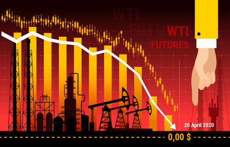 Oil crisis 2020 concept. WTI futures price fall 20 April 2020. Drop in the price of WTI oil futures in the negative zone.のイラスト素材