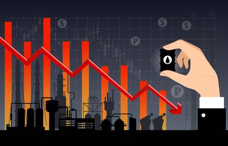 Oil price falling down graph on the background of oil refinery concept with hand holding a barrel of oil. illustrationのイラスト素材
