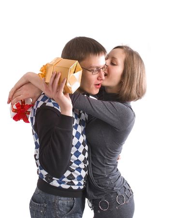 Man and woman giving the gifts to each otherの写真素材