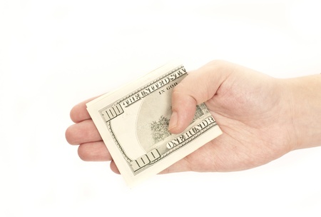 Money in human hands isolated on white backgroundの写真素材