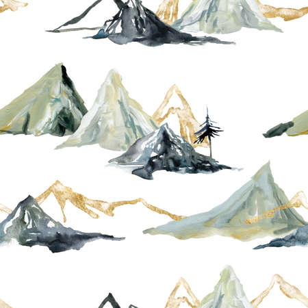 Watercolor and gouache winter seamless pattern of trees and mountains. Hand painted abstract and gold minimalistic illustrations isolated on white background.の写真素材