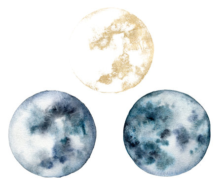 Watercolor set of gold and blue moon. Hand painted abstract illustrations isolated on white...