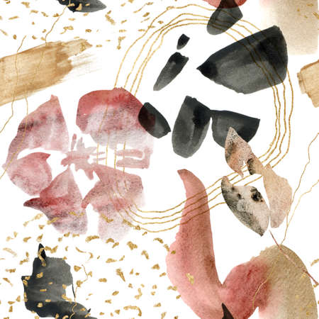 Watercolor floral seamless pattern of abstract flowers and vinous spots. Hand painted minimalistic illustration isolated on white background. For design, print, fabric or background.の写真素材