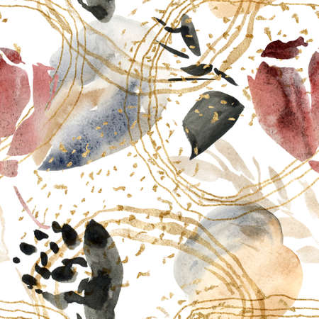 Watercolor floral seamless pattern of flowers and abstract vinous spots. Hand painted minimalistic illustration isolated on white background. For design, print, fabric or background.の写真素材