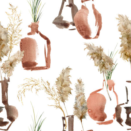 Watercolor linear seamless pattern of green and gold pampas grass with abstract vase. Hand painted dry plant isolated on white background. Floral illustration for design, print, fabric or background.の写真素材