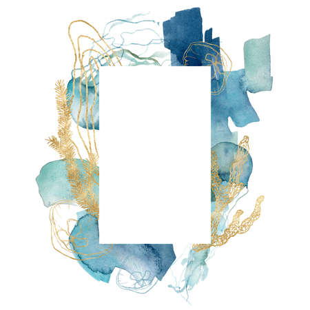 Watercolor abstract frame of shell, jellyfish, linear laminaria and gold corals. Underwater animals and plant isolated on white background. Aquatic illustration for design, print or background.の写真素材