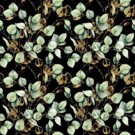 Watercolor seamless pattern of gold eucalyptus branches and leaves. Hand painted plants isolated on black background. Floral illustration for design, print, fabric or background.の写真素材