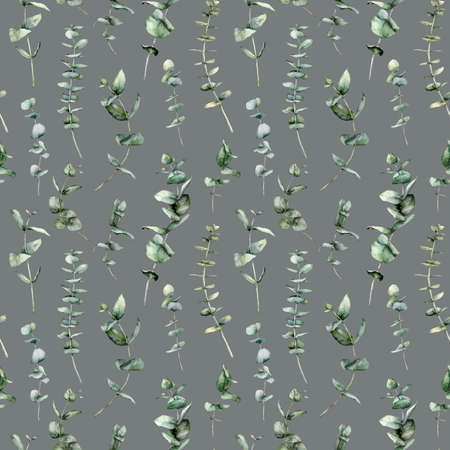 Watercolor seamless pattern of eucalyptus branches and leaves. Hand painted plants isolated on light gray background. Floral illustration for design, print, fabric or background.の写真素材