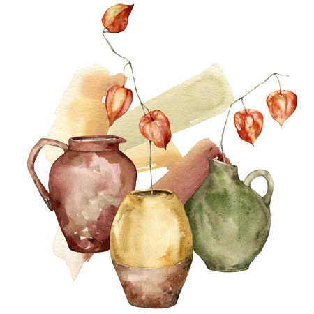 Watercolor autumn composition of flowers in vases and abstract spots. Hand painted meadow physalis isolated on white background. Floral illustration for design, print, fabric or background.の写真素材