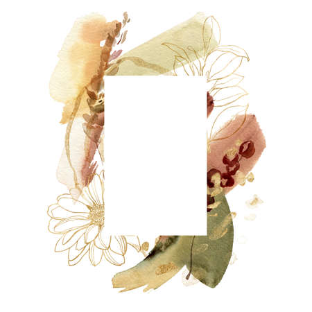 Watercolor abstract frame of linear aster, pampas grass and gold eucalyptus. Hand painted autumn composition isolated on white background. Botanical illustration for design, print, background.の写真素材