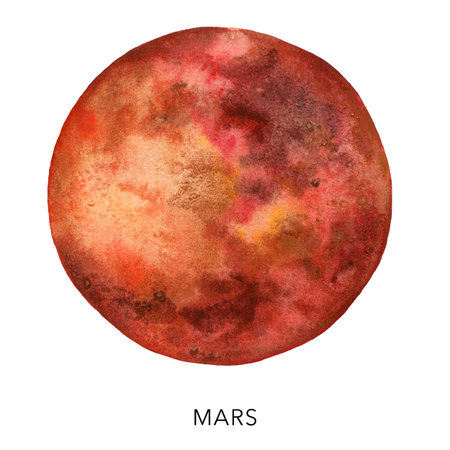 Watercolor abstract dark red Mars planet. Hand painted satellite isolated on white background. Minimalistic space illustration for design, print, fabric or background.の写真素材