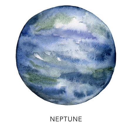 Watercolor abstract Neptune planet. Hand painted satellite isolated on white background. Minimalistic space illustration for design, print, fabric or background.の写真素材