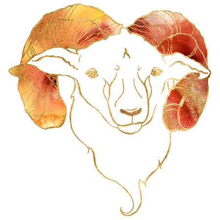 Watercolor zodiak sign aries. Hand painted abstract card isolated on white background. Minimalistic gold linear illustration for design, print, fabric or background.の写真素材