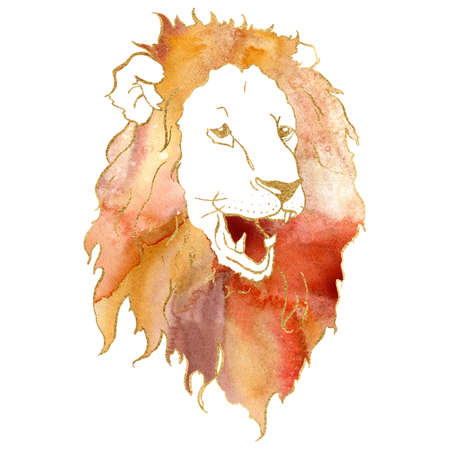 Watercolor zodiak sign leo. Hand painted abstract card with lion isolated on white background. Minimalistic gold linear illustration for design, print, fabric or background.の写真素材
