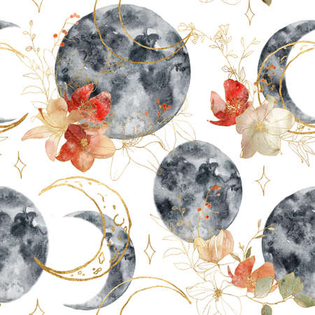 Watercolor seamless pattern of moon and flowers composition. Hand painted abstract composition isolated on white background. Minimalistic linear illustrations for design, print, fabric or background.の写真素材
