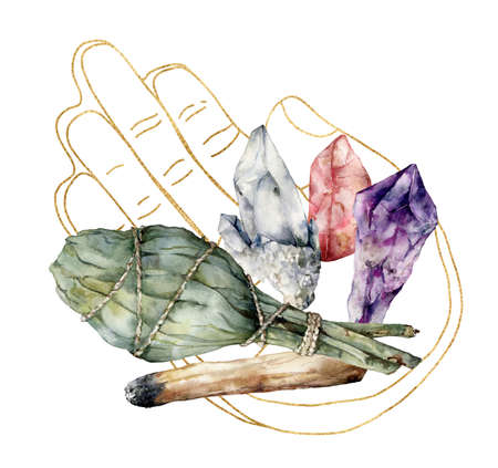 Watercolor linear hand with palo santo, sage and crystals. Hand painted incense isolated on white background. Illustration for design, print, fabric or background.の写真素材