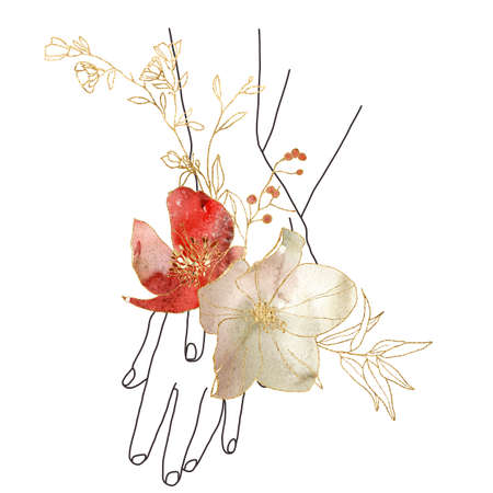 Watercolor linear card of hands and flowers. Hand painted abstract composition isolated on white background. Minimalistic illustration for design, print, fabric or background.の写真素材