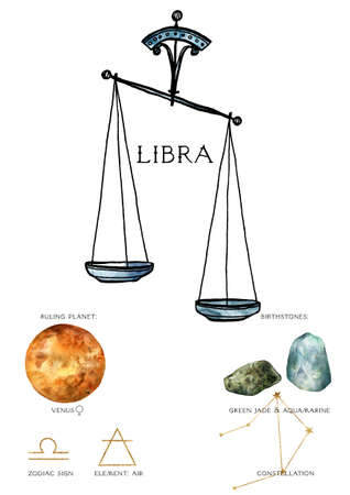 Watercolor zodiac poster of composition libra sign. Hand painted abstract card isolated on white background. Minimalistic gold linear illustration for design, print, fabric or background.の写真素材