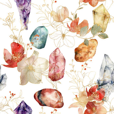 Watercolor linear seamless pattern of gemstones and flowers. Hand painted abstract composition isolated on white background. Minimalistic illustration for design, print, fabric or background.の写真素材