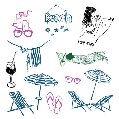 Vector linear doodle illustrations. Hand painted beach accessories-umbrella, chaise, hammock, sunglasses and wineglass isolated on white background. For design, print, interior or background.のイラスト素材
