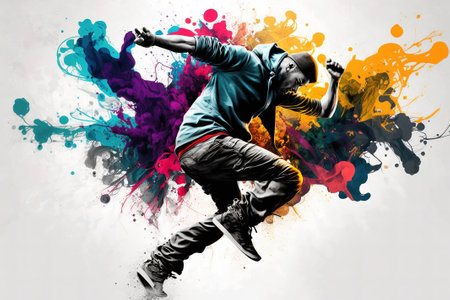 Modern style dancer jumping against color splashes and splashes  Illustrationの素材
