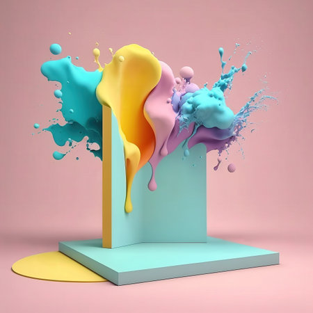 3d render of abstract background with colorful liquid splashes and podiumの素材