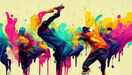 Modern hip-hop dancers dancing on colorful background. Multicolored paint splashes.の素材