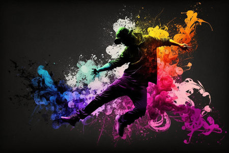 Silhouette of man jumping against color background with paint splashesの素材